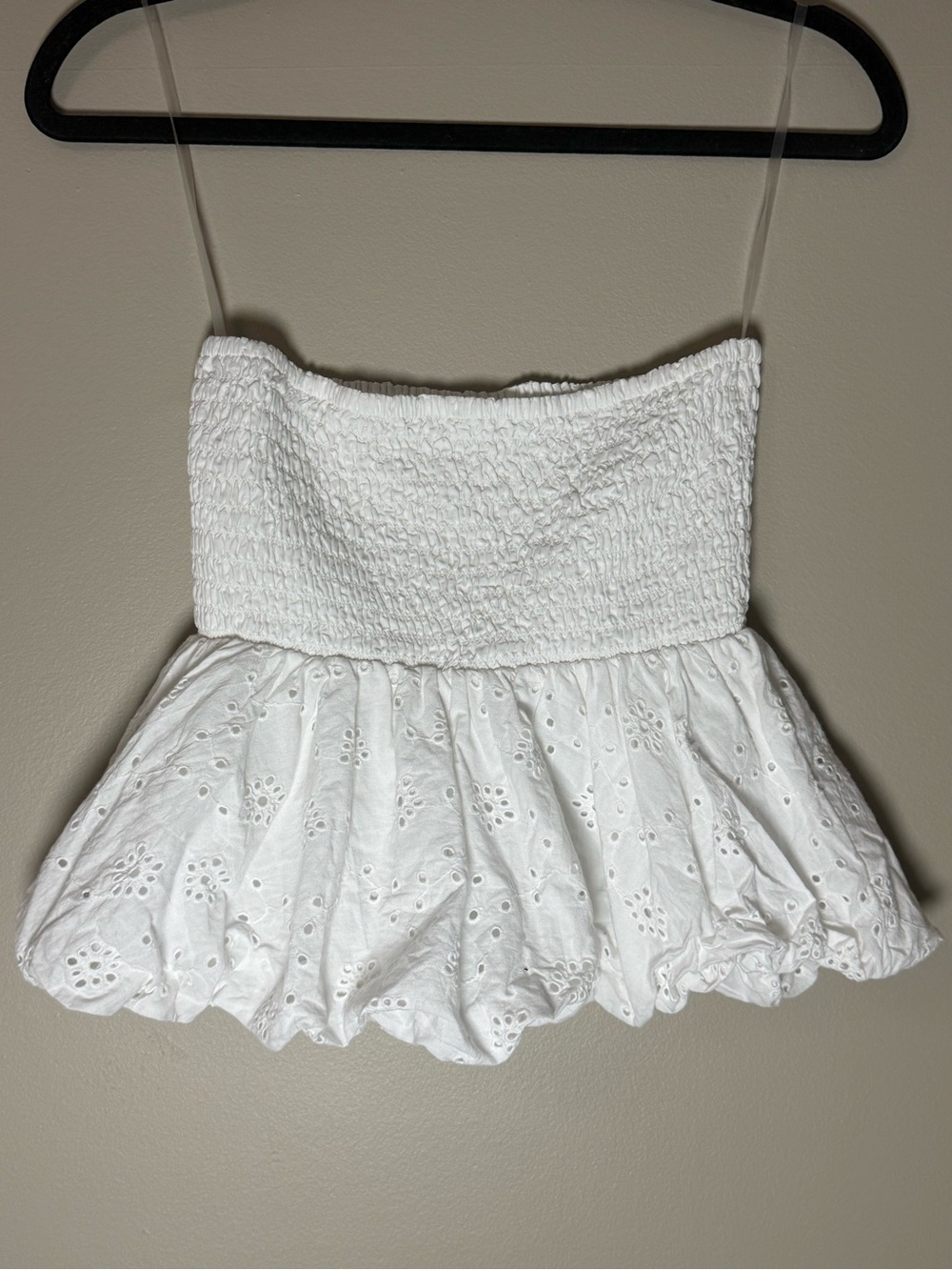 American Eagle Outfitters White Smocked Eyelet Top with Bubble Hem